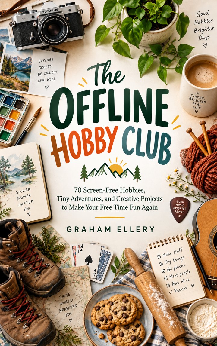 The Offline Hobby Club by Graham Ellery, with its cream cover and colorful title surrounded by hobby supplies